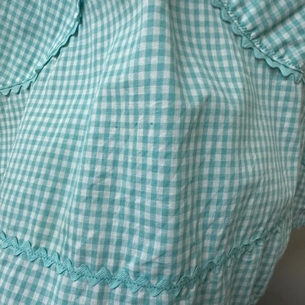 Vintage Handmade Teal Gingham Half Apron Rickrack Trim Pockets Retro Rockabilly